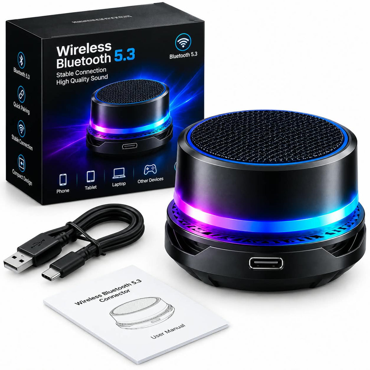 Mini RGB Bluetooth Speaker 5.3 – Wireless Sound, Stunning LED Glow & Portable Design